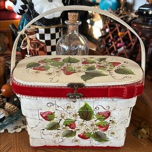 Vintage Woven Wood Strawberry Basket Bag Purse